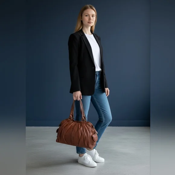 Lucky Brand Brown Leather Shoulder Bag with Woven Center - Picture 2 of 15